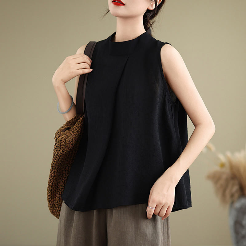 Nimara Ritual Casual Plain Back Buttom Design Stand Collar Cotton Linen Women's Sleeveless Vest