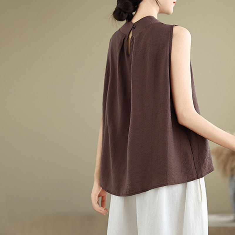 Nimara Ritual Casual Plain Back Buttom Design Stand Collar Cotton Linen Women's Sleeveless Vest