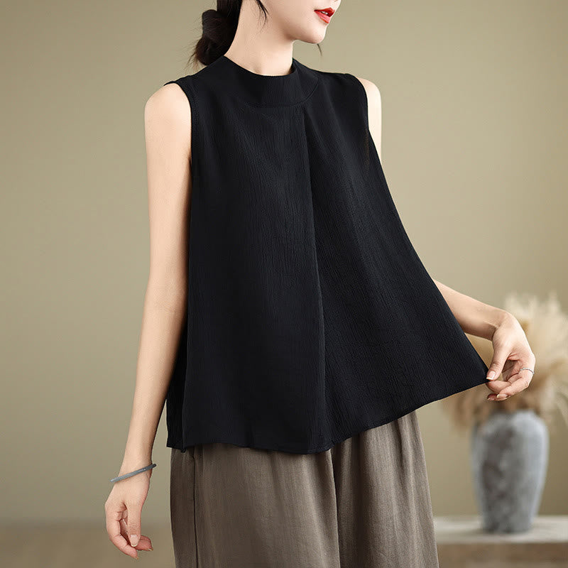 Nimara Ritual Casual Plain Back Buttom Design Stand Collar Cotton Linen Women's Sleeveless Vest