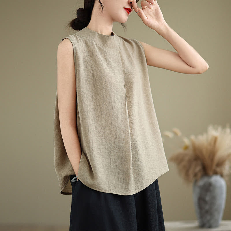Nimara Ritual Casual Plain Back Buttom Design Stand Collar Cotton Linen Women's Sleeveless Vest