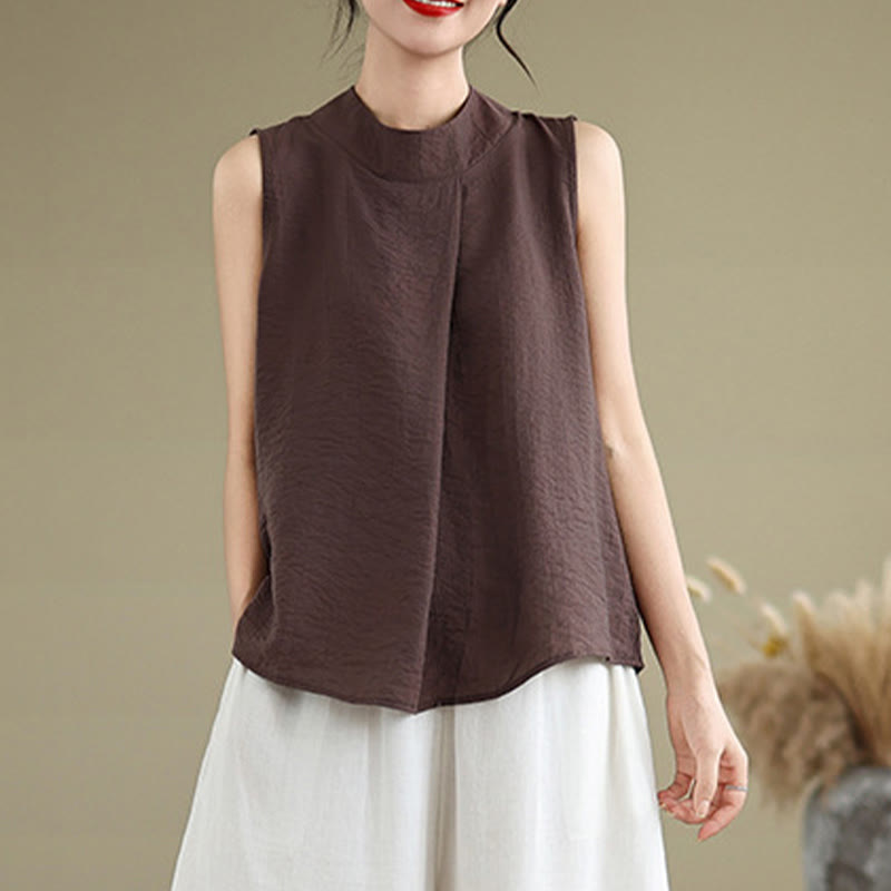 Nimara Ritual Casual Plain Back Buttom Design Stand Collar Cotton Linen Women's Sleeveless Vest