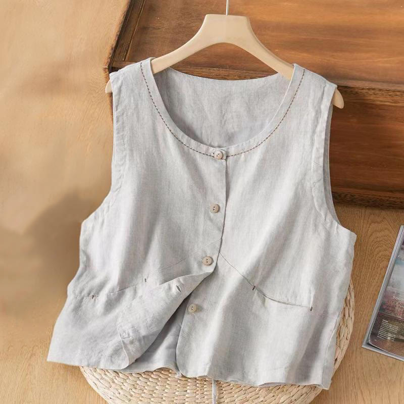 Nimara Ritual Single Breasted Sleeveless Design Cotton Linen Women's Vest WIth Pockets