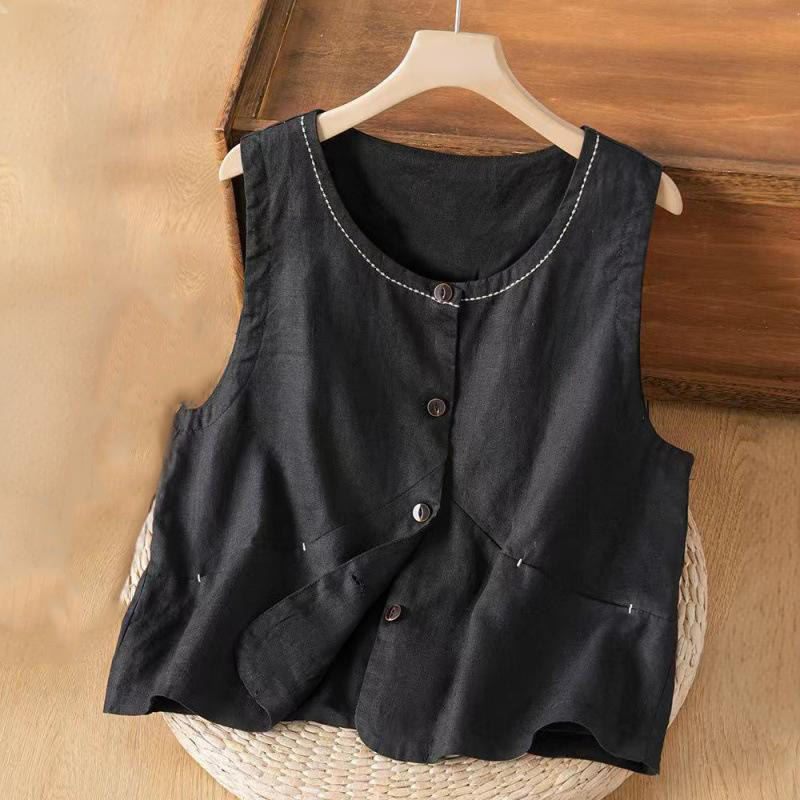 Nimara Ritual Single Breasted Sleeveless Design Cotton Linen Women's Vest WIth Pockets