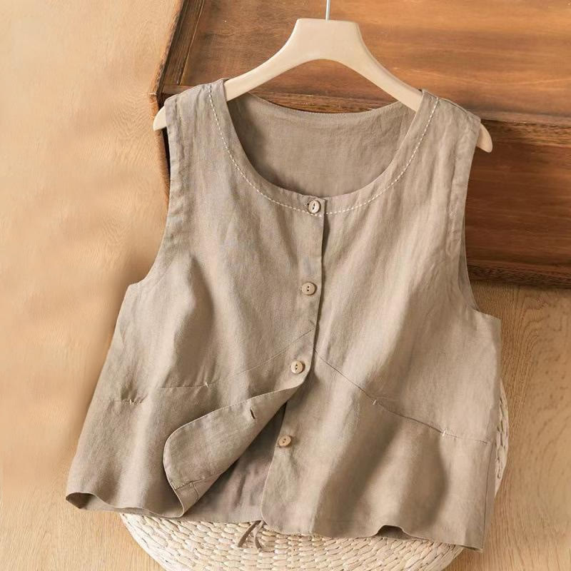 Nimara Ritual Single Breasted Sleeveless Design Cotton Linen Women's Vest WIth Pockets