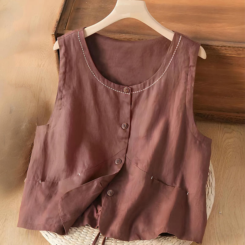 Nimara Ritual Single Breasted Sleeveless Design Cotton Linen Women's Vest WIth Pockets