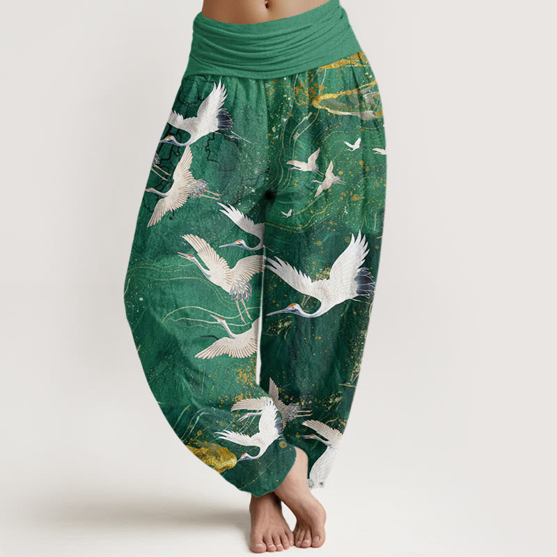 Nimara Ritual Cotton Flying White Cranes Auspicious Clouds Design Women's Elastic Waist Harem Pants