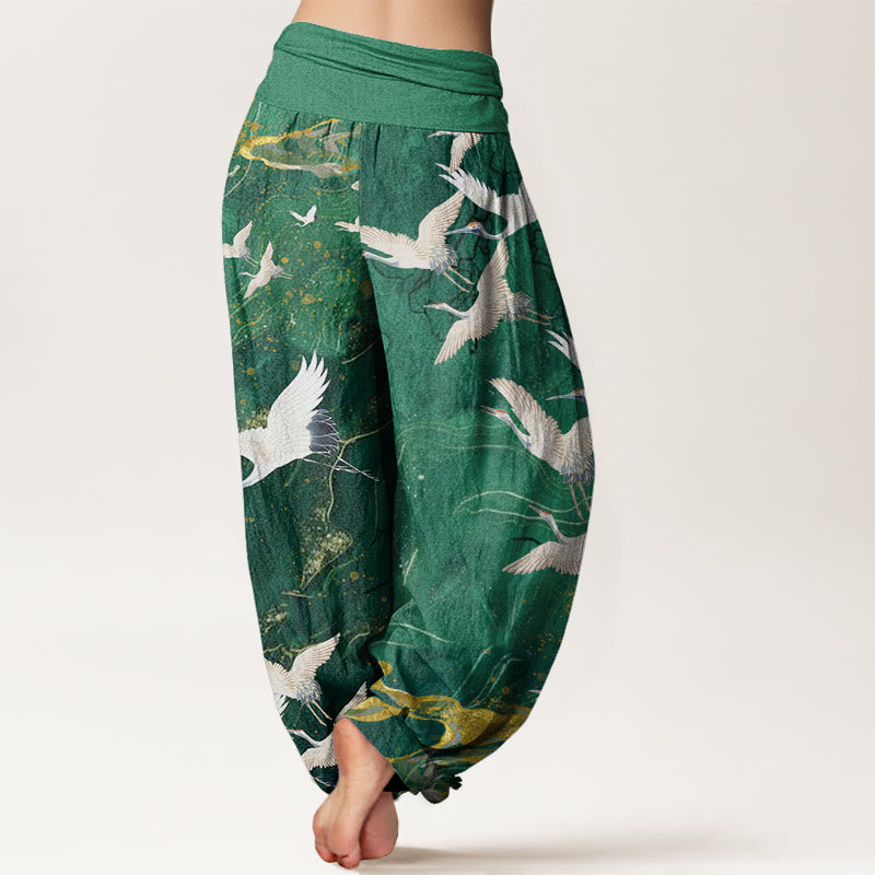 Nimara Ritual Cotton Flying White Cranes Auspicious Clouds Design Women's Elastic Waist Harem Pants
