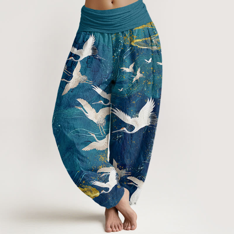 Nimara Ritual Cotton Flying White Cranes Auspicious Clouds Design Women's Elastic Waist Harem Pants