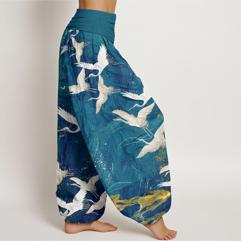 Nimara Ritual Cotton Flying White Cranes Auspicious Clouds Design Women's Elastic Waist Harem Pants