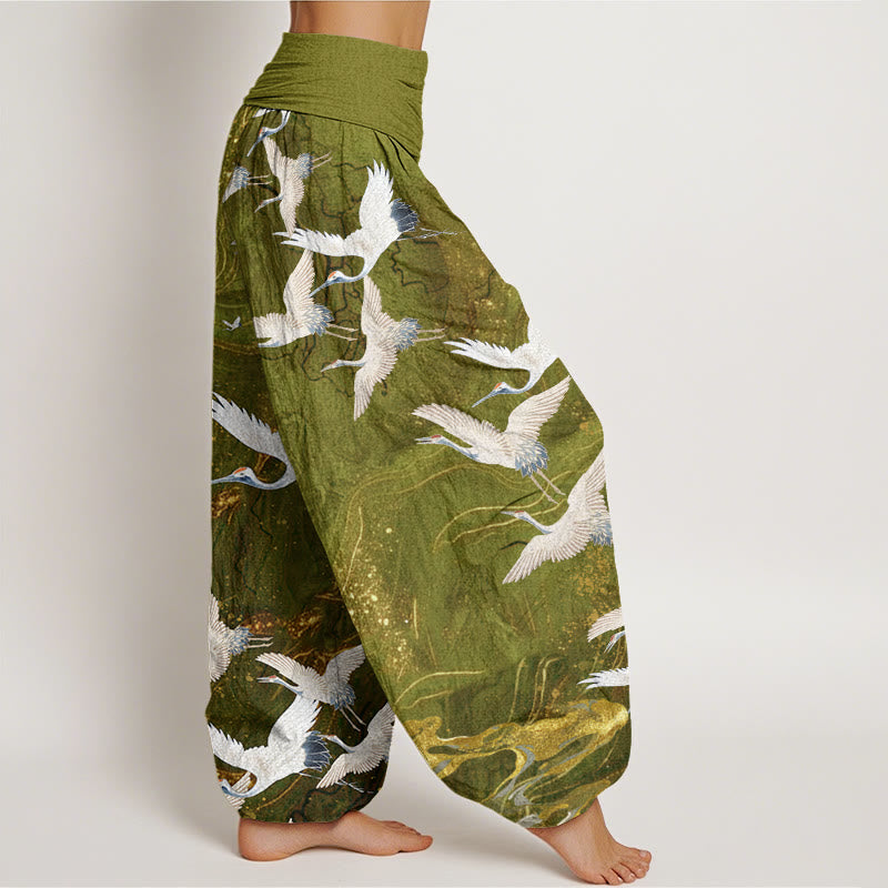 Nimara Ritual Cotton Flying White Cranes Auspicious Clouds Design Women's Elastic Waist Harem Pants