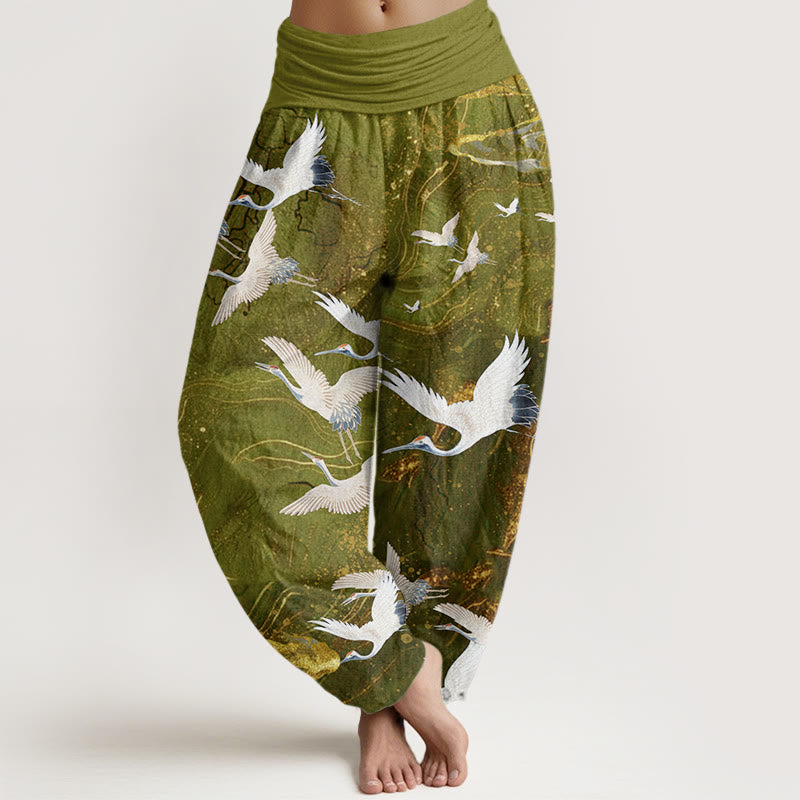 Nimara Ritual Cotton Flying White Cranes Auspicious Clouds Design Women's Elastic Waist Harem Pants