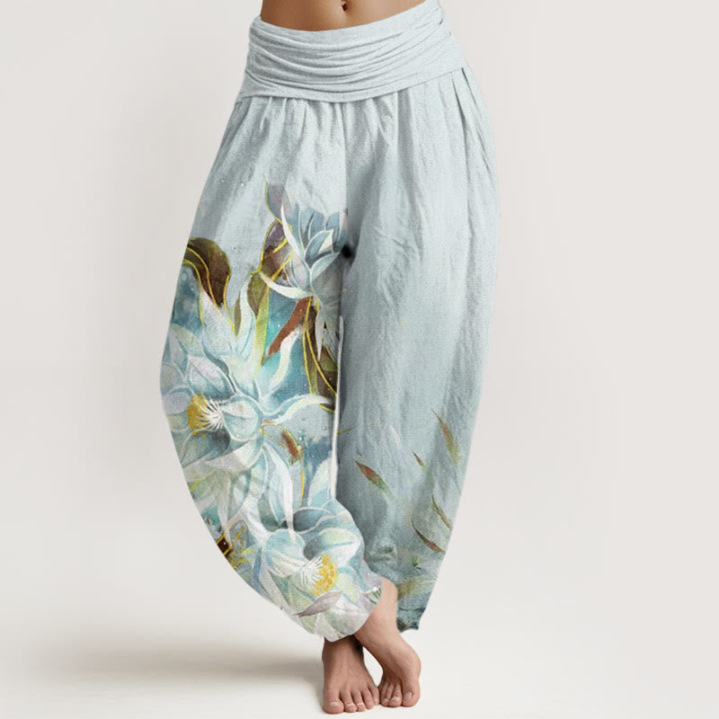 Nimara Ritual Cotton Epiphyllum Flowers Design Women's Elastic Waist Harem Pants