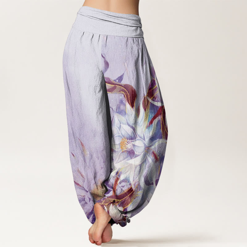 Nimara Ritual Cotton Epiphyllum Flowers Design Women's Elastic Waist Harem Pants