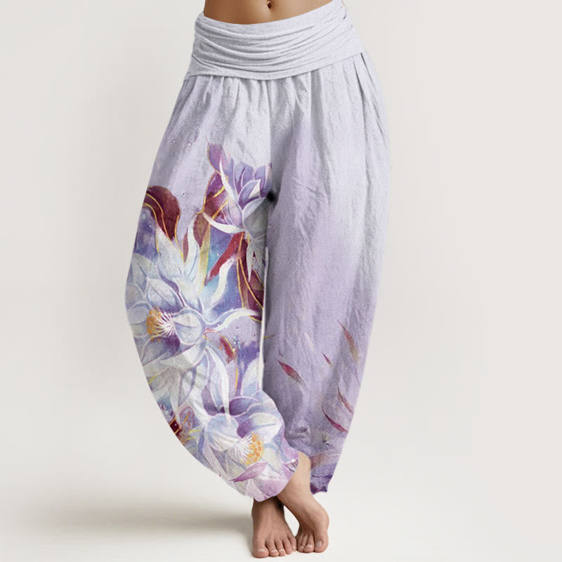 Nimara Ritual Cotton Epiphyllum Flowers Design Women's Elastic Waist Harem Pants