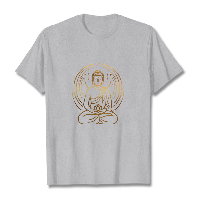 Nimara Ritual Golden Meditation Buddha Halo Holding A Lotus Flower Tee T-shirt