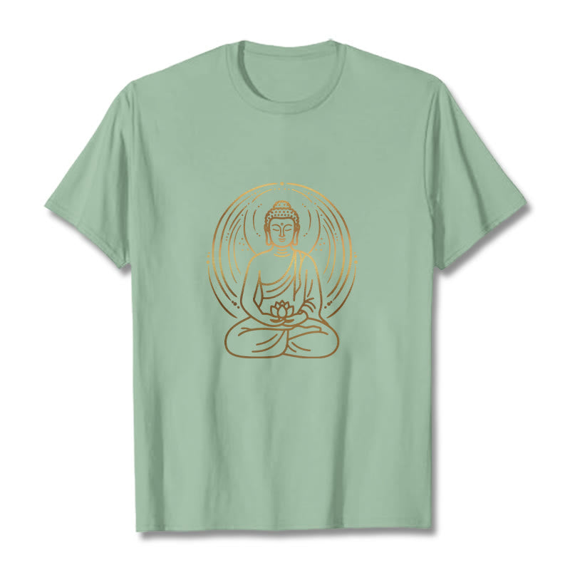 Nimara Ritual Golden Meditation Buddha Halo Holding A Lotus Flower Tee T-shirt