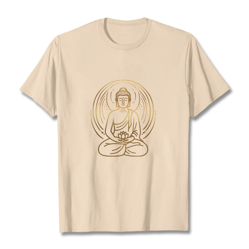 Nimara Ritual Golden Meditation Buddha Halo Holding A Lotus Flower Tee T-shirt