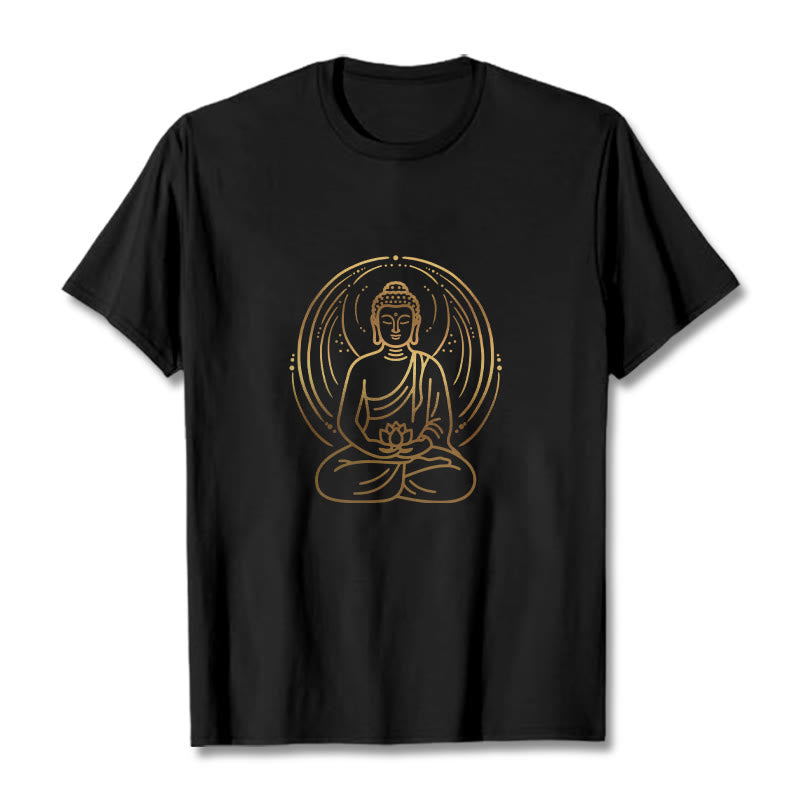 Nimara Ritual Golden Meditation Buddha Halo Holding A Lotus Flower Tee T-shirt
