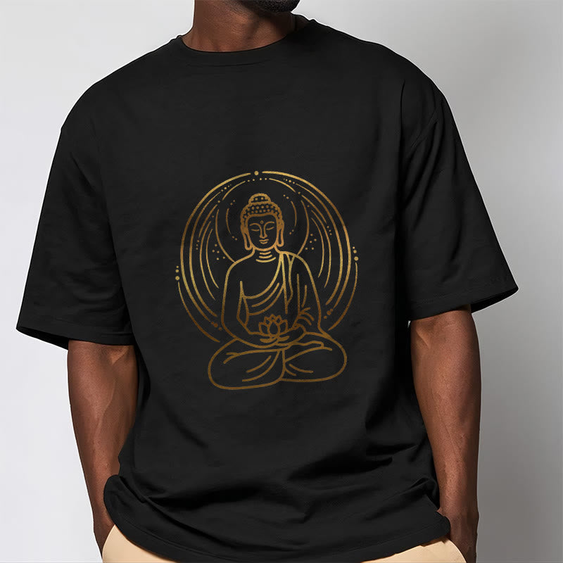Nimara Ritual Golden Meditation Buddha Halo Holding A Lotus Flower Tee T-shirt