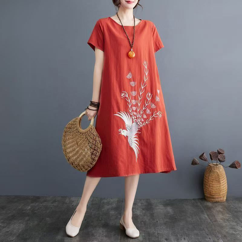 Nimara Ritual Summer Printing Phoenix Pattern Short Sleeve Cotton Linen Midi Dress