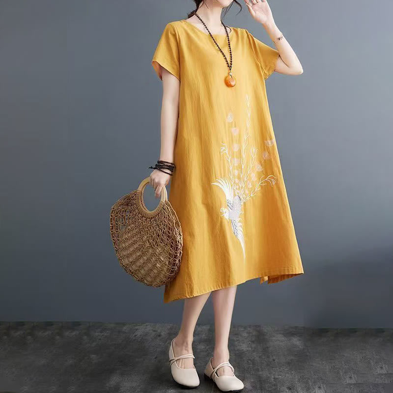 Nimara Ritual Summer Printing Phoenix Pattern Short Sleeve Cotton Linen Midi Dress