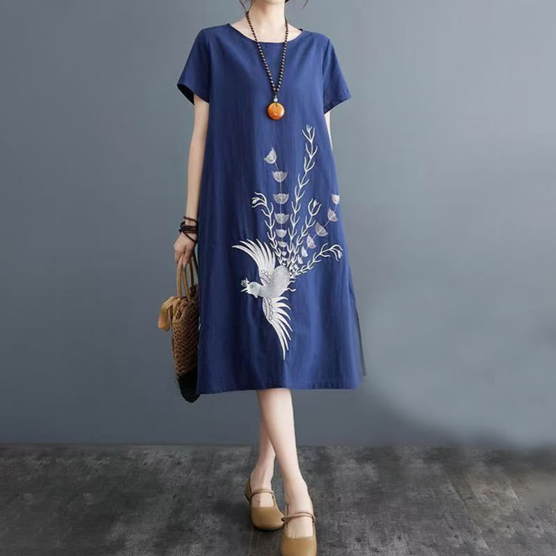 Nimara Ritual Summer Printing Phoenix Pattern Short Sleeve Cotton Linen Midi Dress