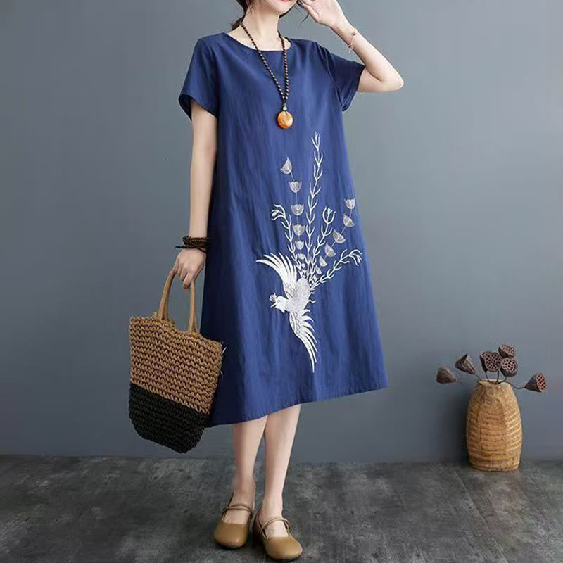 Nimara Ritual Summer Printing Phoenix Pattern Short Sleeve Cotton Linen Midi Dress