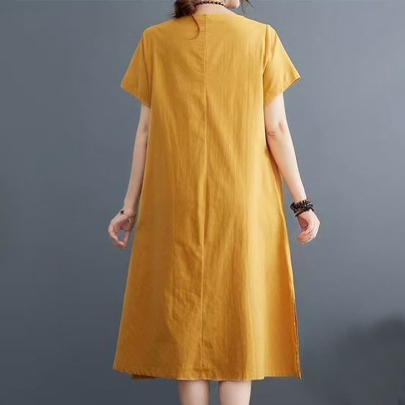 Nimara Ritual Summer Printing Phoenix Pattern Short Sleeve Cotton Linen Midi Dress