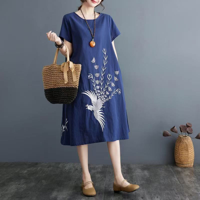Nimara Ritual Summer Printing Phoenix Pattern Short Sleeve Cotton Linen Midi Dress