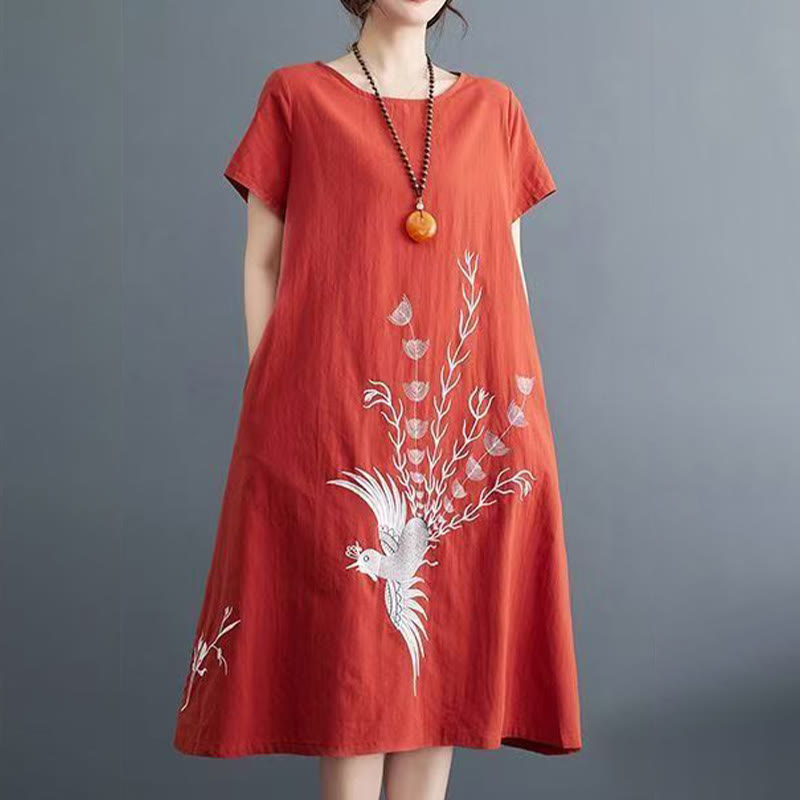 Nimara Ritual Summer Printing Phoenix Pattern Short Sleeve Cotton Linen Midi Dress