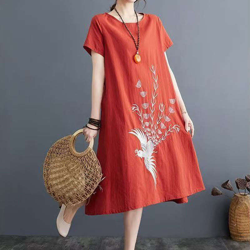 Nimara Ritual Summer Printing Phoenix Pattern Short Sleeve Cotton Linen Midi Dress