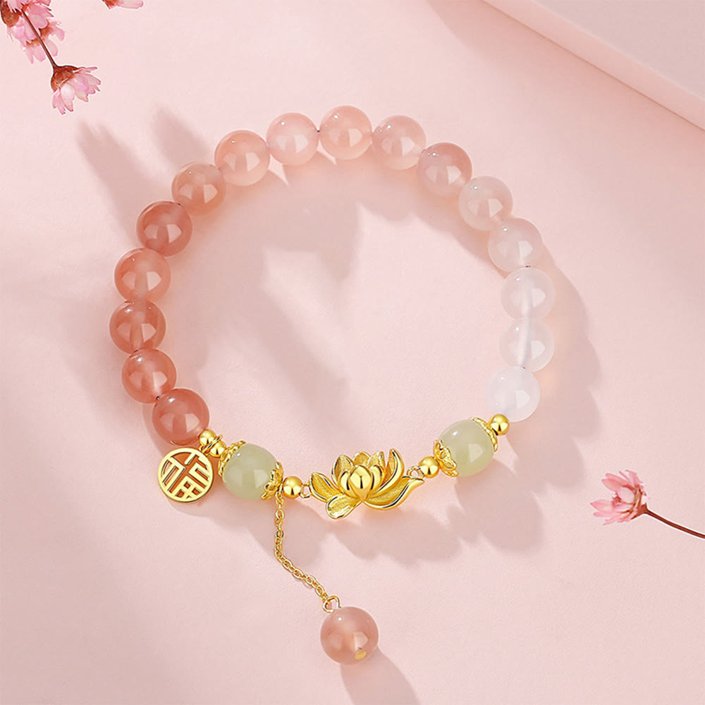 Nimara Ritual 925 Sterling Silver Natural Gradient Agate Hetian Jade Lotus Fu Character Enlightenment Bracelet