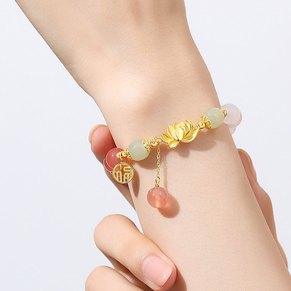 Nimara Ritual 925 Sterling Silver Natural Gradient Agate Hetian Jade Lotus Fu Character Enlightenment Bracelet