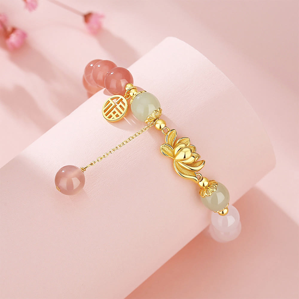 Nimara Ritual 925 Sterling Silver Natural Gradient Agate Hetian Jade Lotus Fu Character Enlightenment Bracelet