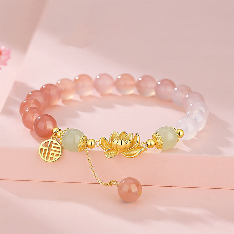 Nimara Ritual 925 Sterling Silver Natural Gradient Agate Hetian Jade Lotus Fu Character Enlightenment Bracelet