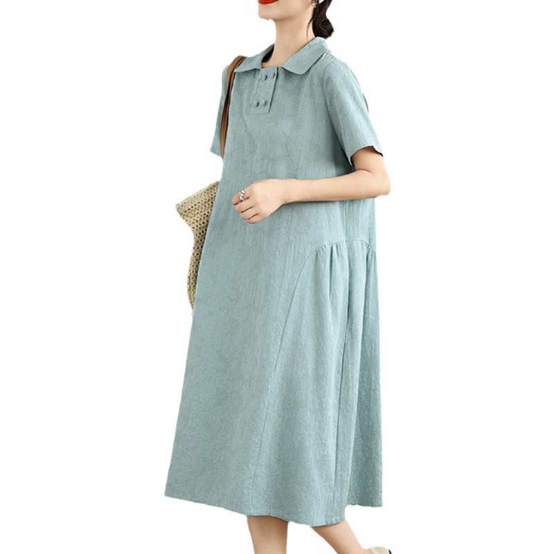 Nimara Ritual Plain Jacquard Lapel Cotton Linen Short Sleeve Midi Dress With Pockets