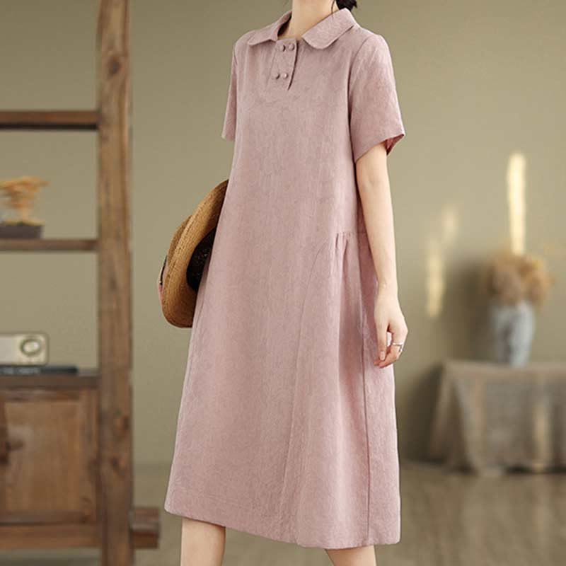 Nimara Ritual Plain Jacquard Lapel Cotton Linen Short Sleeve Midi Dress With Pockets