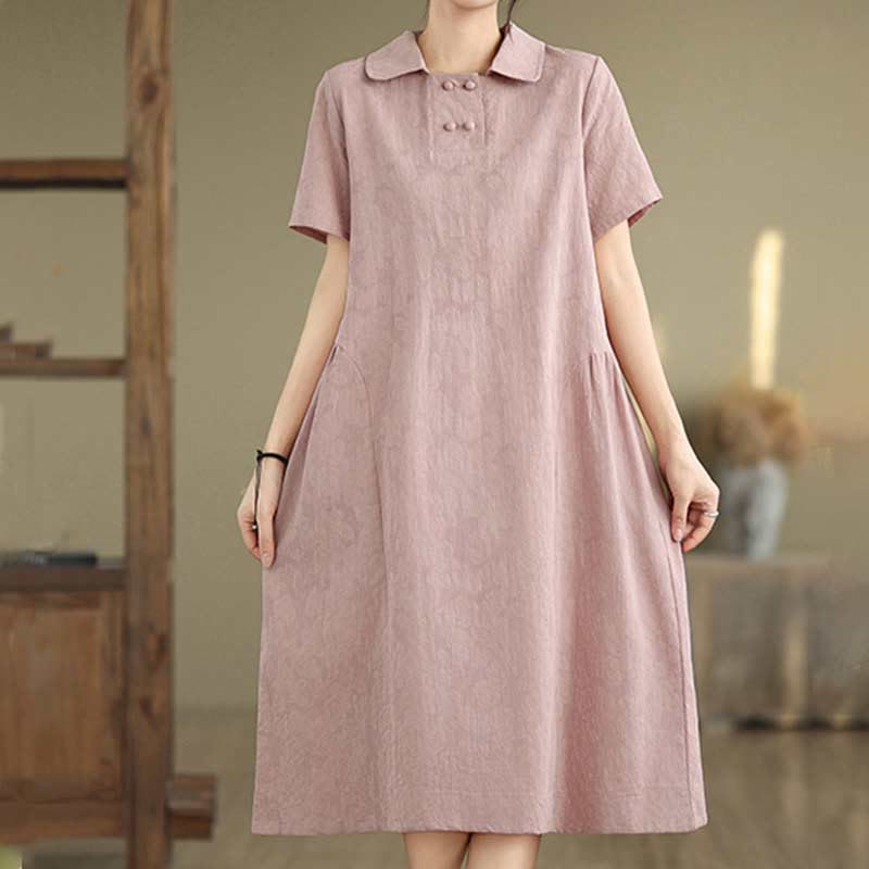 Nimara Ritual Plain Jacquard Lapel Cotton Linen Short Sleeve Midi Dress With Pockets