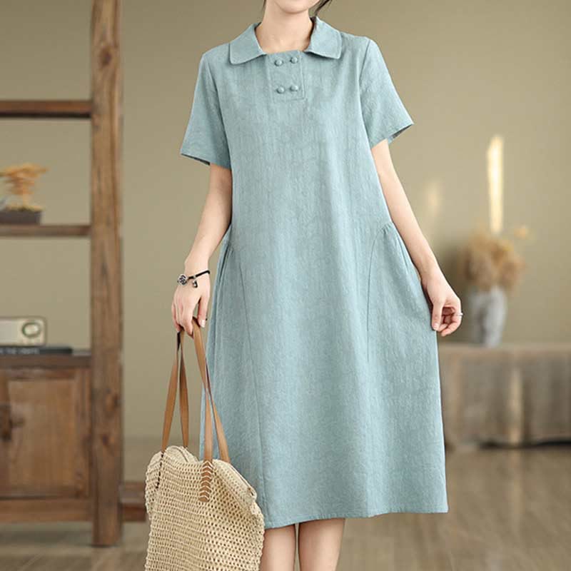 Nimara Ritual Plain Jacquard Lapel Cotton Linen Short Sleeve Midi Dress With Pockets
