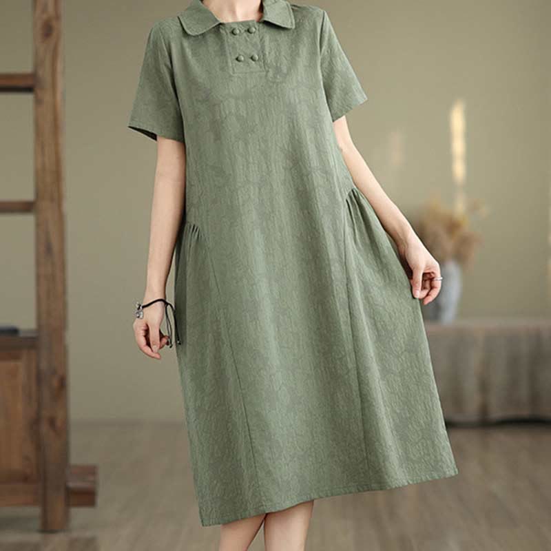 Nimara Ritual Plain Jacquard Lapel Cotton Linen Short Sleeve Midi Dress With Pockets