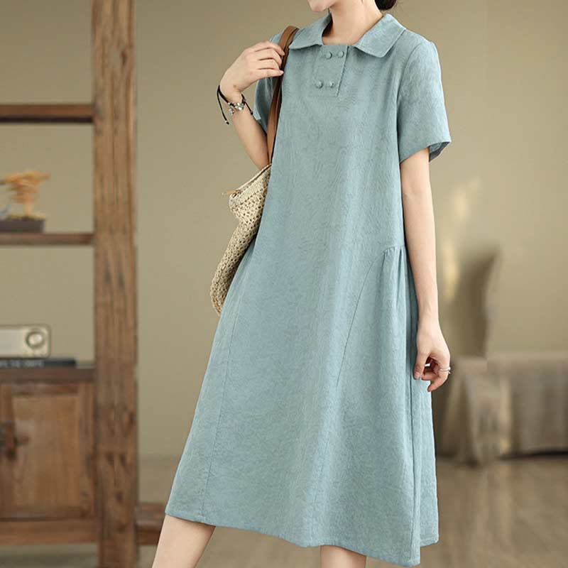 Nimara Ritual Plain Jacquard Lapel Cotton Linen Short Sleeve Midi Dress With Pockets