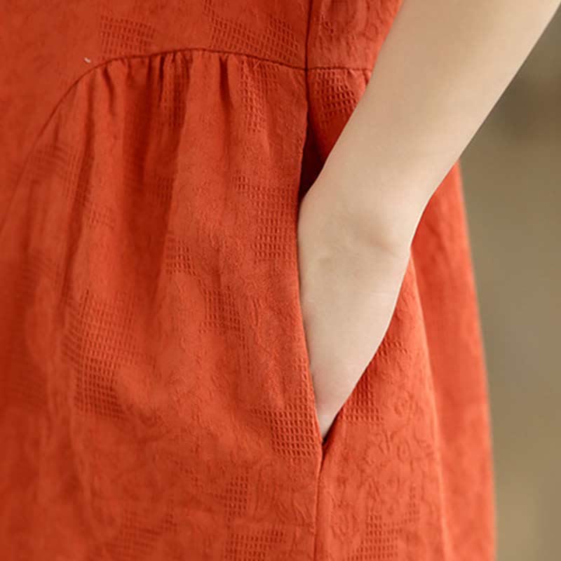 Nimara Ritual Plain Jacquard Lapel Cotton Linen Short Sleeve Midi Dress With Pockets