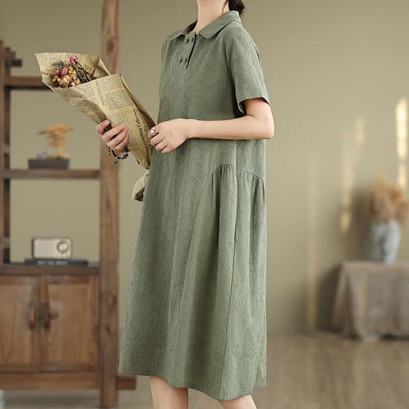 Nimara Ritual Plain Jacquard Lapel Cotton Linen Short Sleeve Midi Dress With Pockets