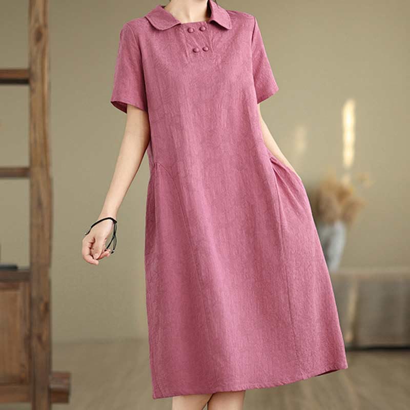 Nimara Ritual Plain Jacquard Lapel Cotton Linen Short Sleeve Midi Dress With Pockets