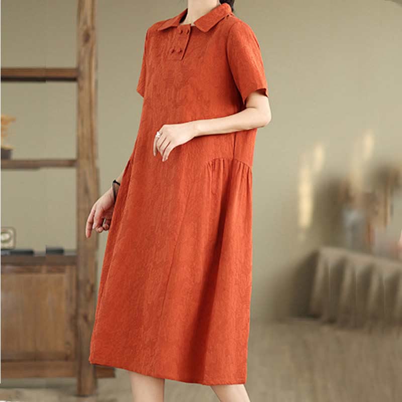 Nimara Ritual Plain Jacquard Lapel Cotton Linen Short Sleeve Midi Dress With Pockets