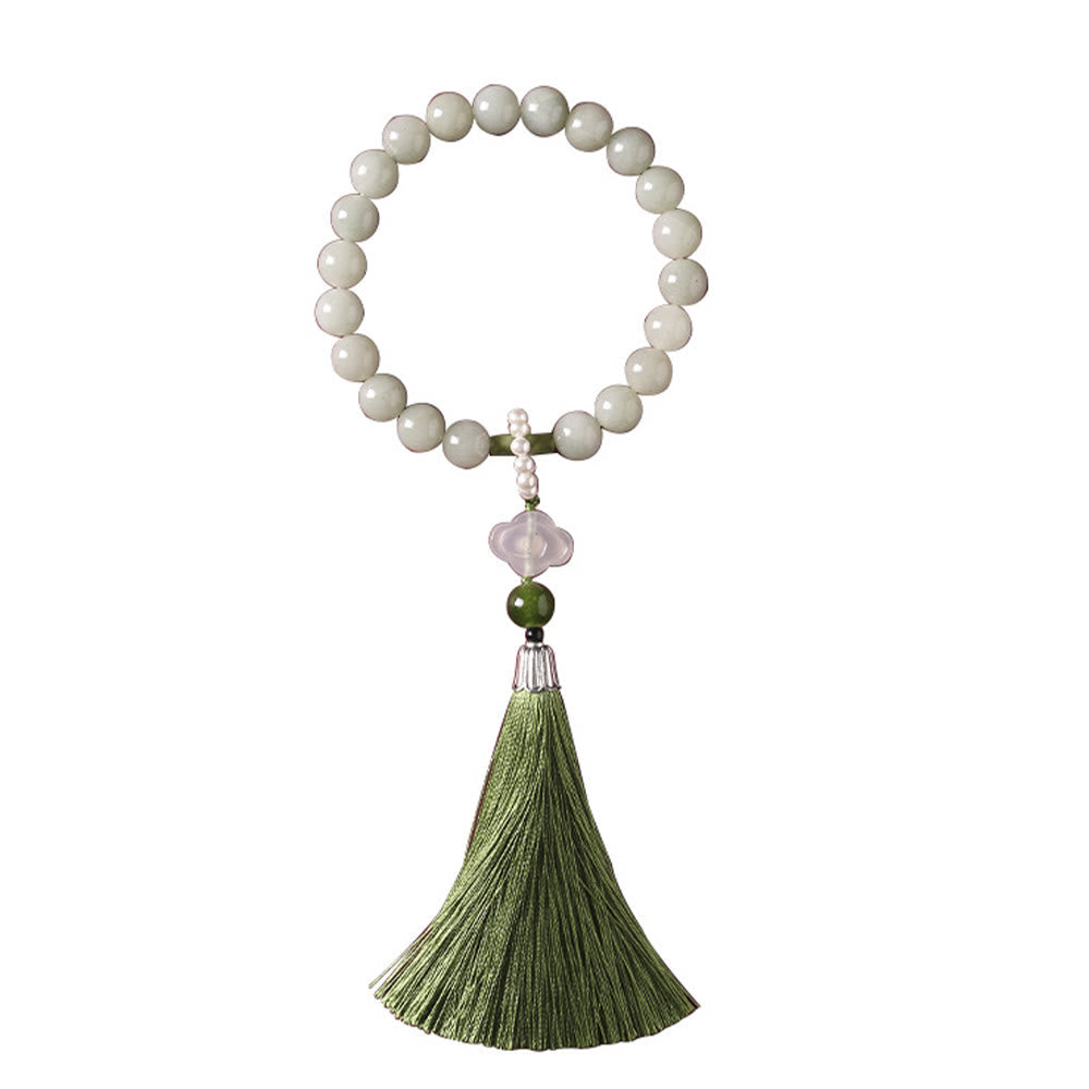 Nimara Ritual Green Jade Beads Pearl Prosperity Tassels Wrist Mala