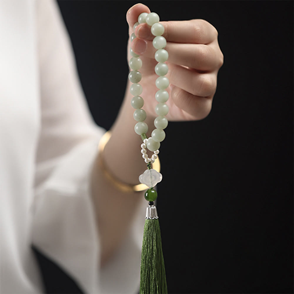 Nimara Ritual Green Jade Beads Pearl Prosperity Tassels Wrist Mala