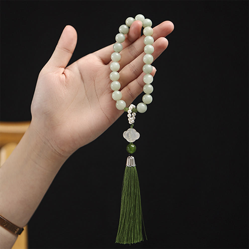 Nimara Ritual Green Jade Beads Pearl Prosperity Tassels Wrist Mala
