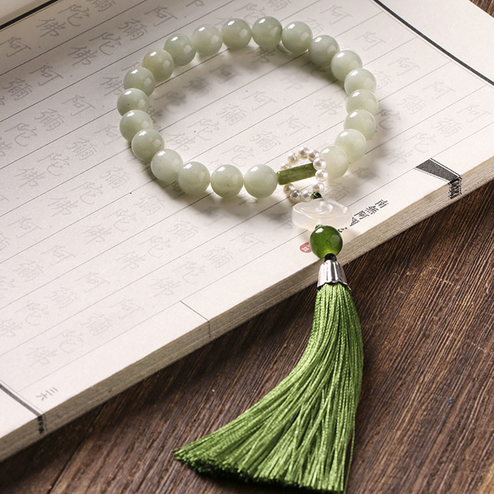 Nimara Ritual Green Jade Beads Pearl Prosperity Tassels Wrist Mala