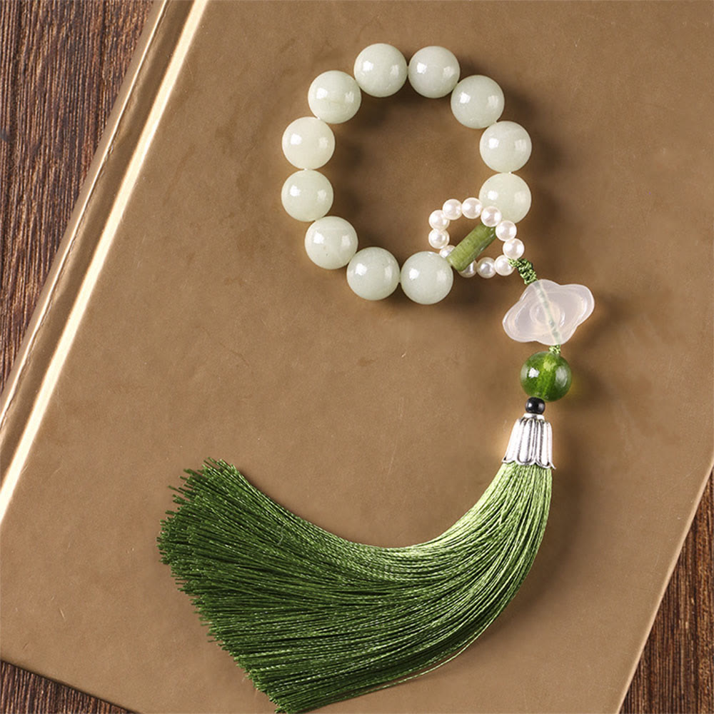 Nimara Ritual Green Jade Beads Pearl Prosperity Tassels Wrist Mala